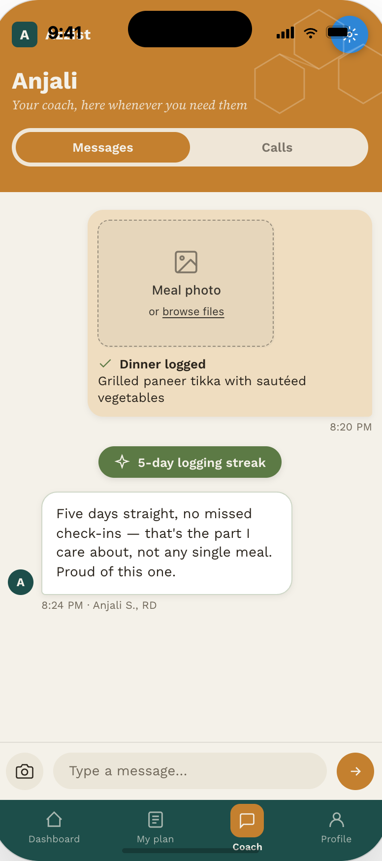 Client earns a 5-day logging streak milestone