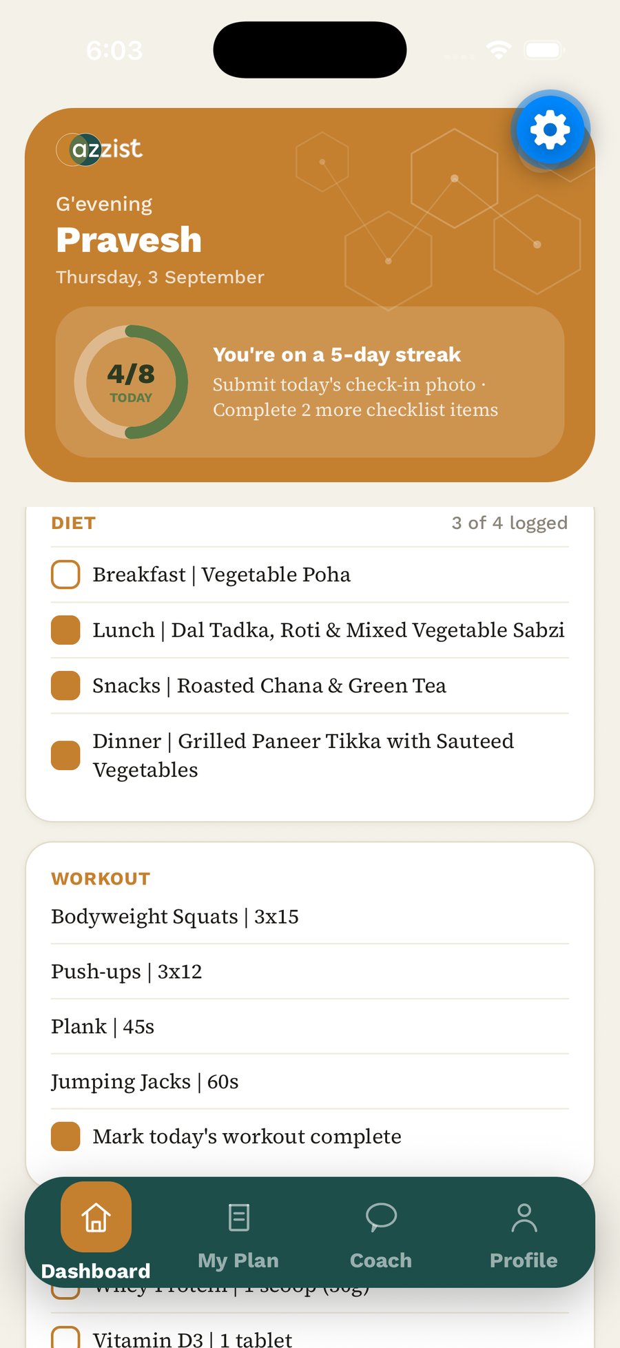 Dashboard showing today's streak progress and checklist